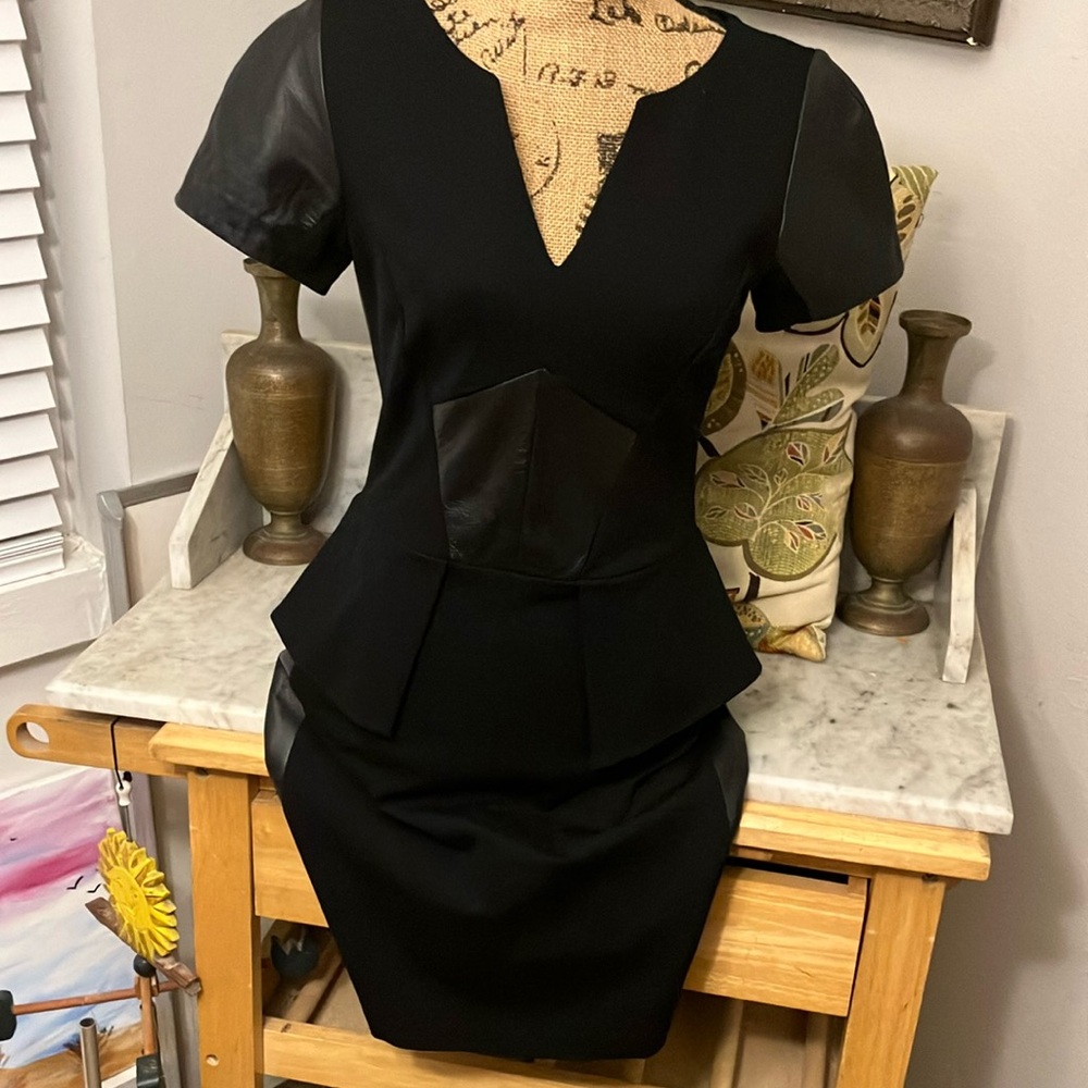 Yoana Baraschi Black Ruched Puff Sleeve Sheath Dress Faux Leather And Stretchy!S